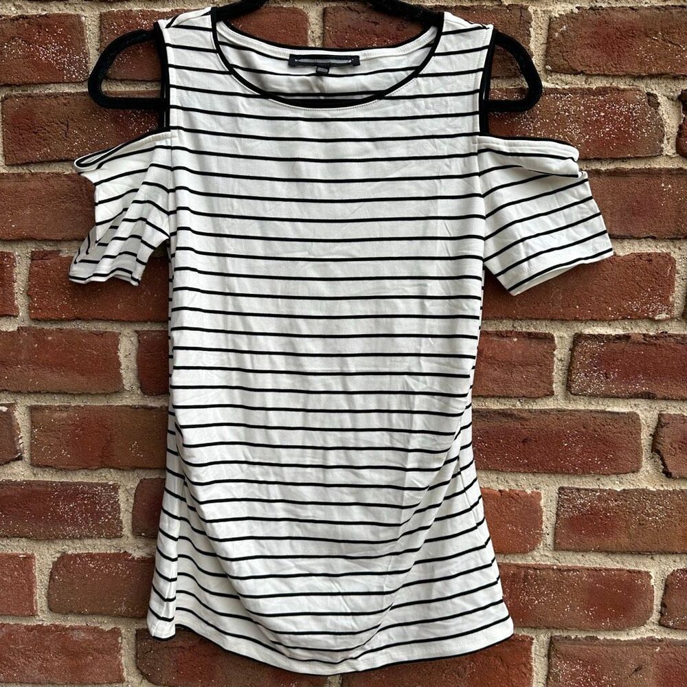 White House Black Market Striped Cold Shoulder Top Black White Short Sleeve Size